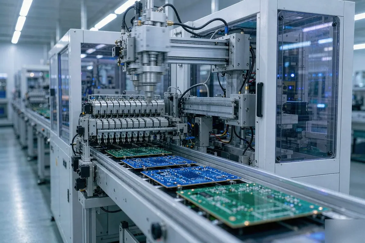 SMT placement line processing circuit boards in a modern electronics factory