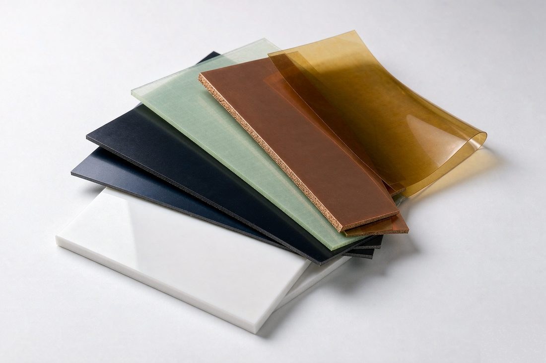 Selection of PCB substrate materials including ceramic, PTFE laminate and FR-4