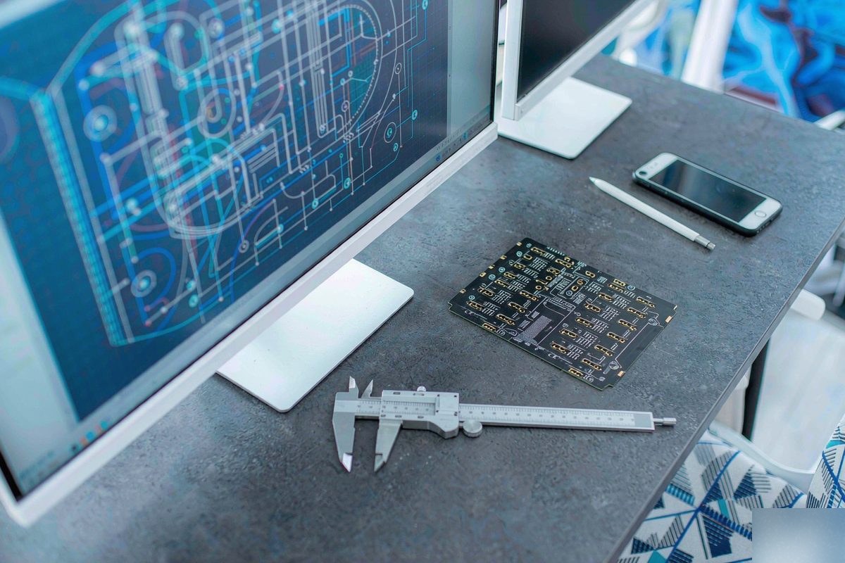 Engineering workstation with PCB stackup software and calipers on the desk